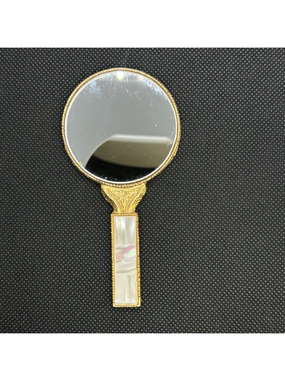 Vtg Brass Handheld Vanity Mirror Mother of Pearl Handle Gold Tone Art Deco 4”